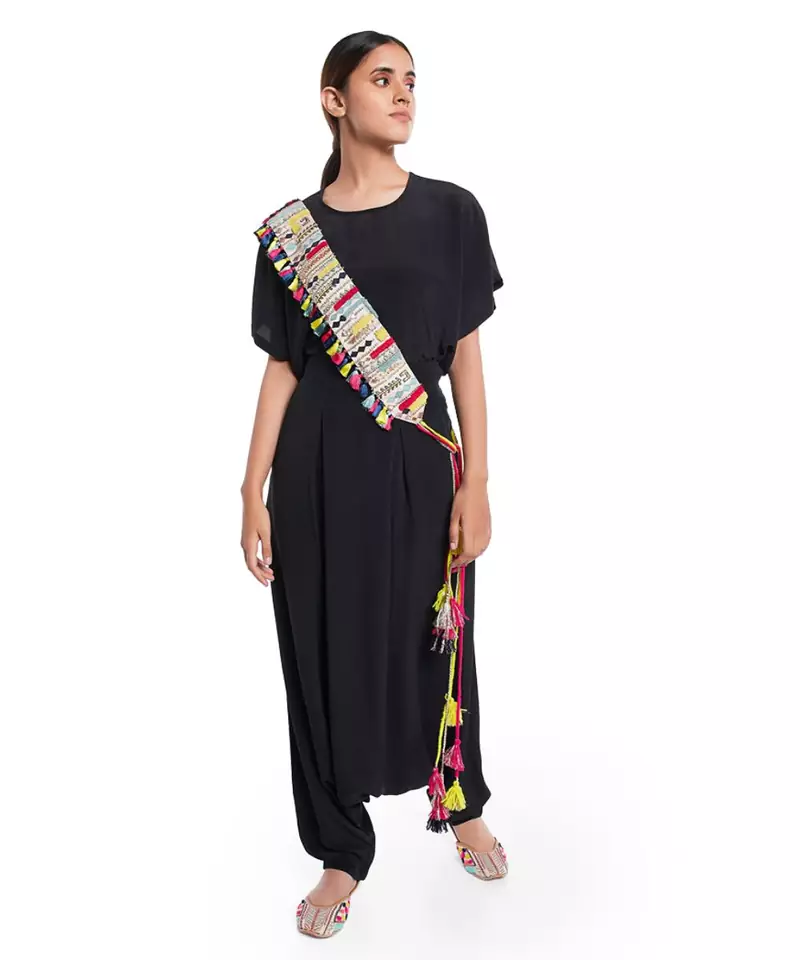 Stone Dupion Silk Marakesh Embroidered Tie- Up Belt with Colourful Tassels