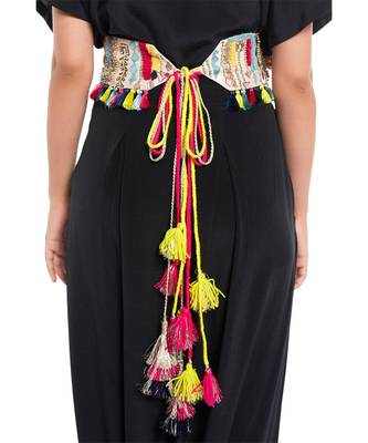 Payal Singhal Stone Dupion Silk Marakesh Embroidered Tie- Up Belt with Colourful Tassels 3
