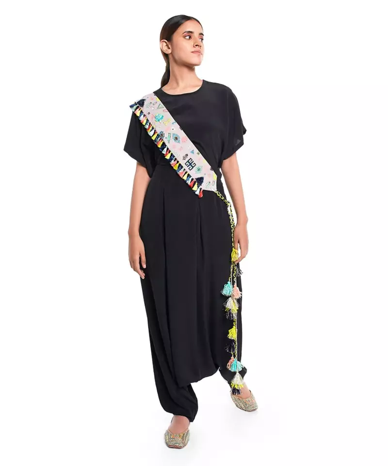 Lavender Lime Bandhani Kilim Print Crepe Embroidered Tie-up Belt with Colourful Tassels