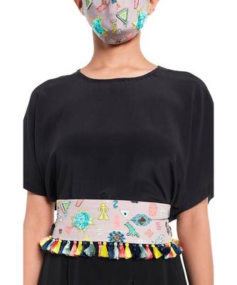 Payal Singhal Lavender Lime Bandhani Kilim Print Crepe Embroidered Tie-up Belt with Colourful Tassels 2