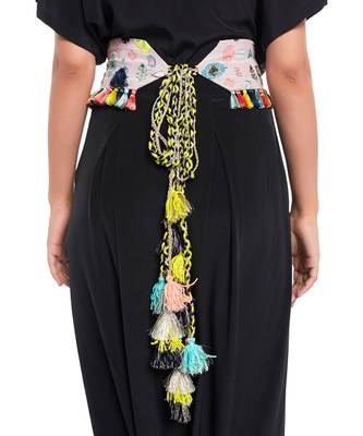 Payal Singhal Lavender Lime Bandhani Kilim Print Crepe Embroidered Tie-up Belt with Colourful Tassels 3