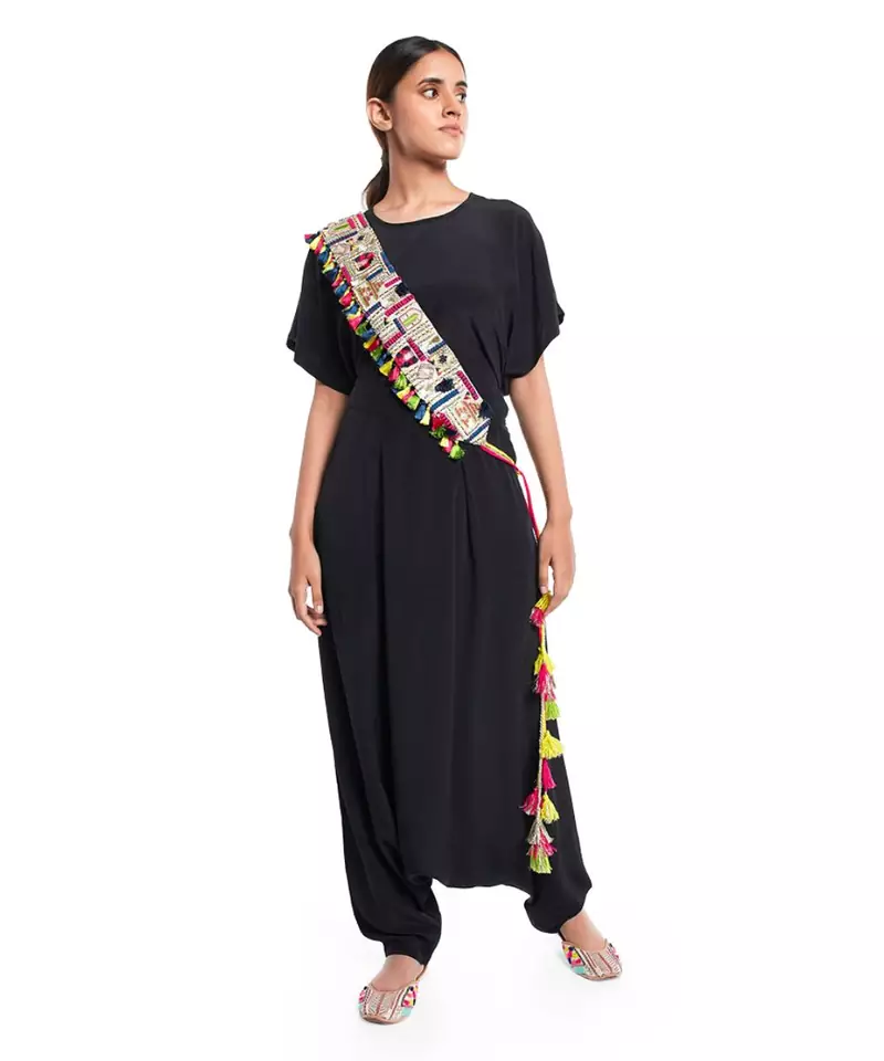 Stone Dupion Silk Istanbul Embroidered Tie-Up Belt with Colourful Tassels