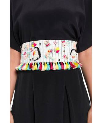 Payal Singhal Cream Linen Baby Butti Embroidered Tie-Up Belt with Colourful Tassels 2