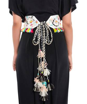 Payal Singhal Cream Linen Baby Butti Embroidered Tie-Up Belt with Colourful Tassels 3