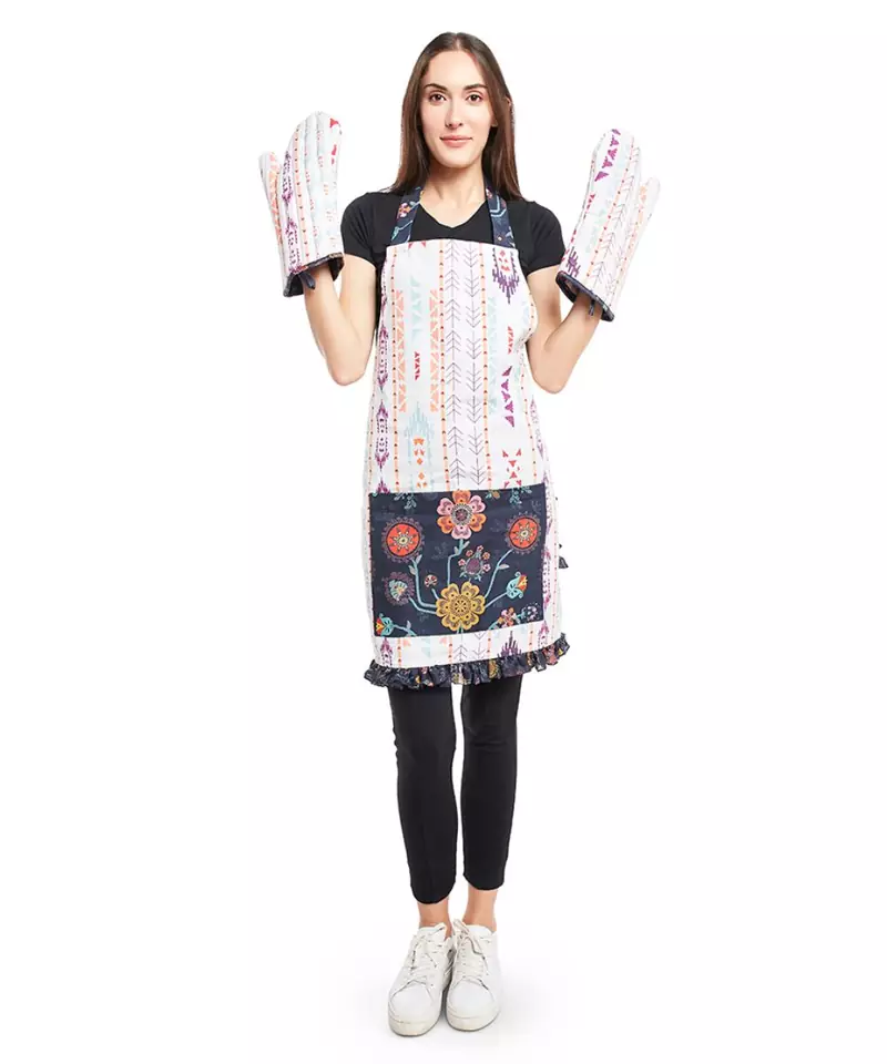 Cream Colour Printed Canvas Mittens with Navy Colour Printed Silkmul Piping