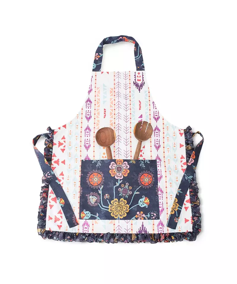 Cream and Navy Colour Printed Canvas Apron with Pouch
