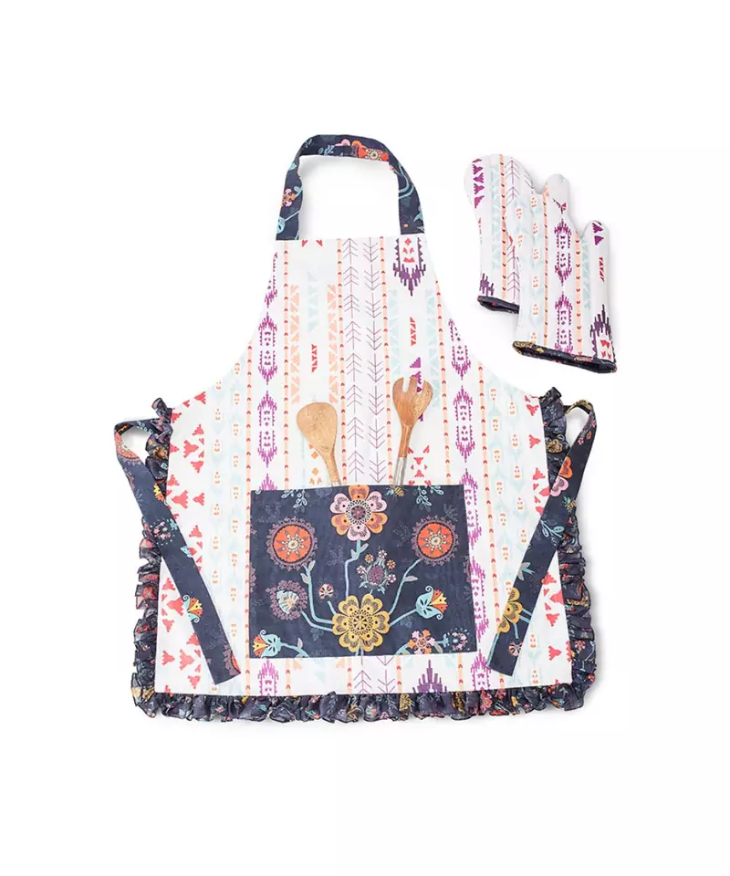 Cream and Navy Colour Printed Canvas Apron with Mittens and Pouch Set in Gift Box