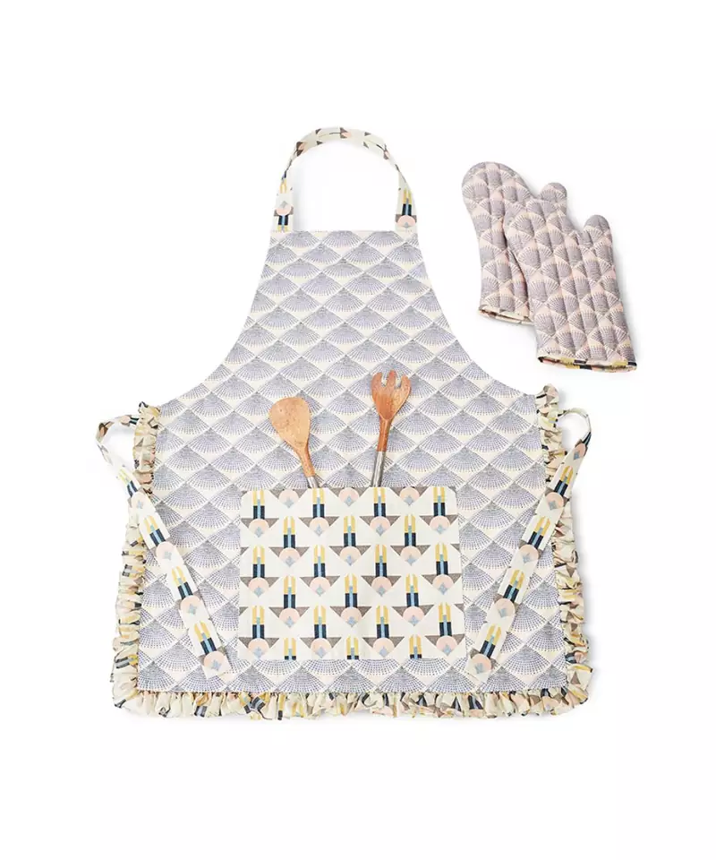 Blush and Cream Colour Printed Canvas Apron with Mittens and Pouch Set in Gift Box