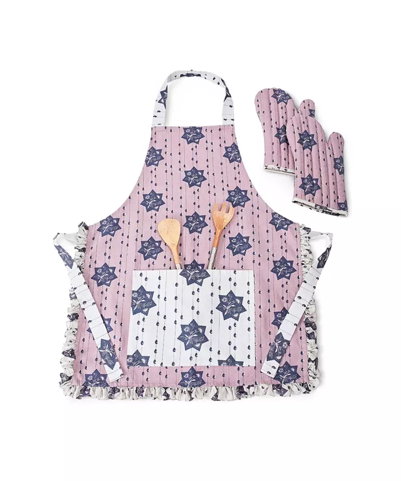 Purple and Grey Colour Printed Canvas Apron with Mittens and Pouch Set in Gift Box