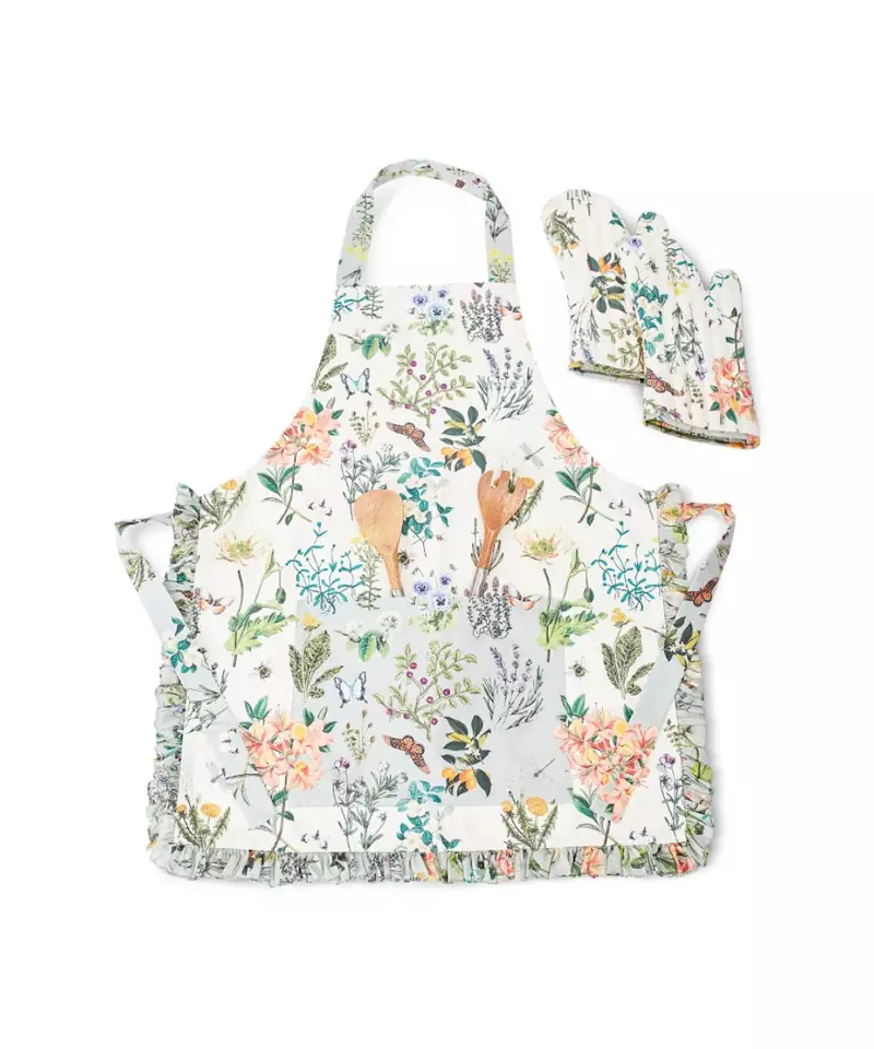 Ivory and Aqua Colour Printed Canvas Apron with Mittens and Pouch Set in Gift Box