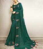 Teal printed chanderi silk saree with blouse