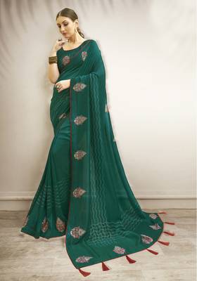 Teal printed chanderi silk saree with blouse 2