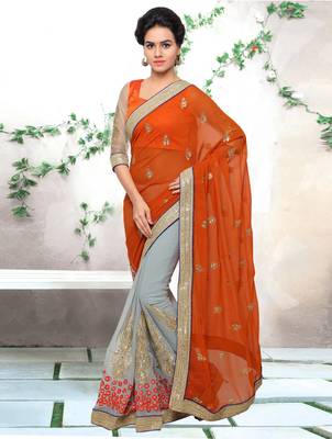 Grey embroidered jute saree with blouse 1