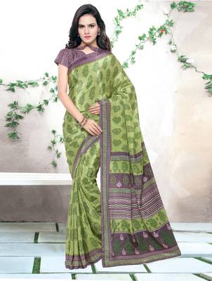 Green printed jute saree with blouse 1