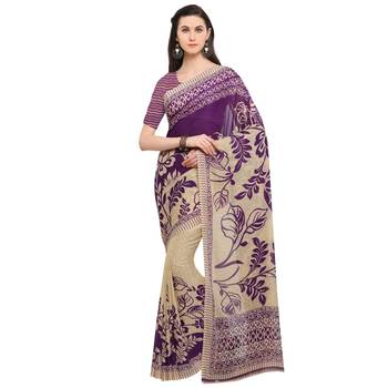 Beige printed faux georgette saree with blouse 1
