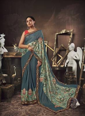 Turquoise embroidered jute saree with blouse 1