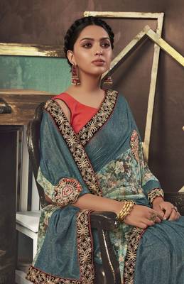 Turquoise embroidered jute saree with blouse 2