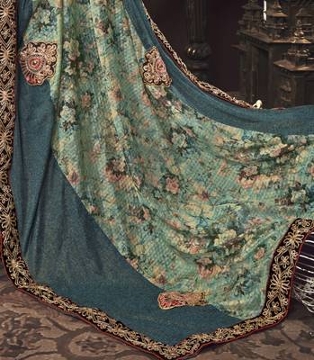 Turquoise embroidered jute saree with blouse 3
