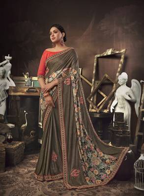 Beige embroidered jute saree with blouse 1