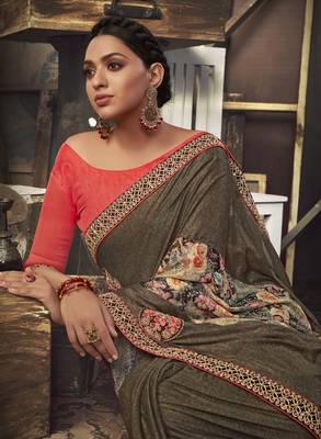 Beige embroidered jute saree with blouse 2