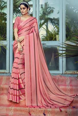 Pink printed chiffon saree with blouse 1