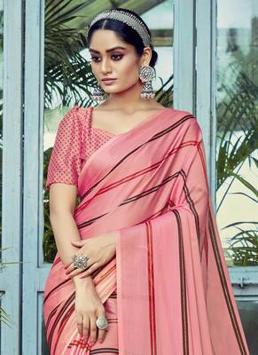 Pink printed chiffon saree with blouse 2