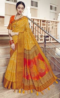 Yellow printed faux linen saree with blouse 1