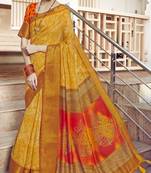 Yellow printed faux linen saree with blouse