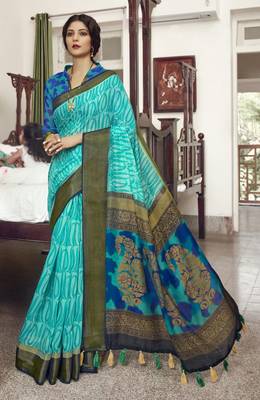 Sky blue printed faux linen saree with blouse 1