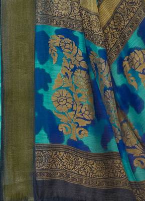 Sky blue printed faux linen saree with blouse 3