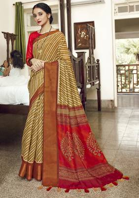 Multicolor printed faux linen saree with blouse 2