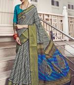 Multicolor printed faux linen saree with blouse
