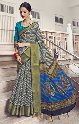 Multicolor printed faux linen saree with blouse 2