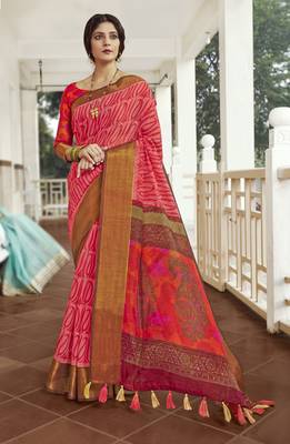 Dark pink printed faux linen saree with blouse 1