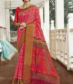 Dark pink printed faux linen saree with blouse