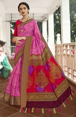 Light pink printed faux linen saree with blouse 1