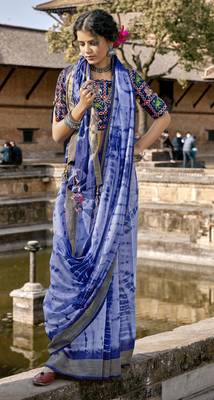 Blue printed cotton silk saree with blouse 1