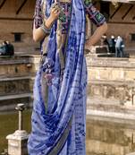 Blue printed cotton silk saree with blouse