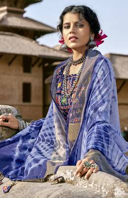Blue printed cotton silk saree with blouse 2