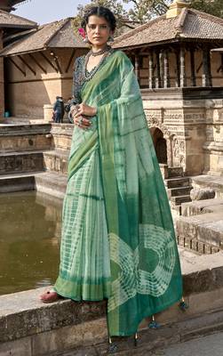 Green printed cotton silk saree with blouse 1