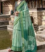 Green printed cotton silk saree with blouse