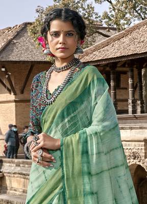 Green printed cotton silk saree with blouse 2