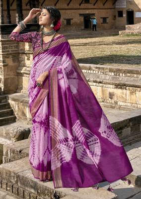 Purple printed cotton silk saree with blouse 1