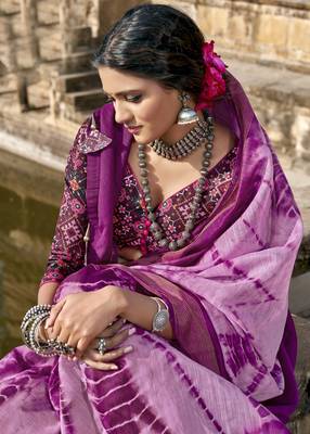 Purple printed cotton silk saree with blouse 2