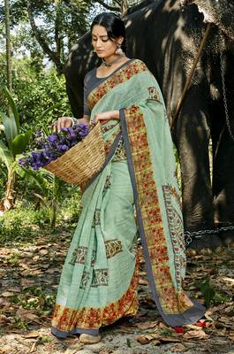 Turquoise printed chanderi silk saree with blouse 1