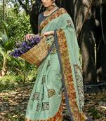 Turquoise printed chanderi silk saree with blouse
