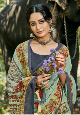 Turquoise printed chanderi silk saree with blouse 2