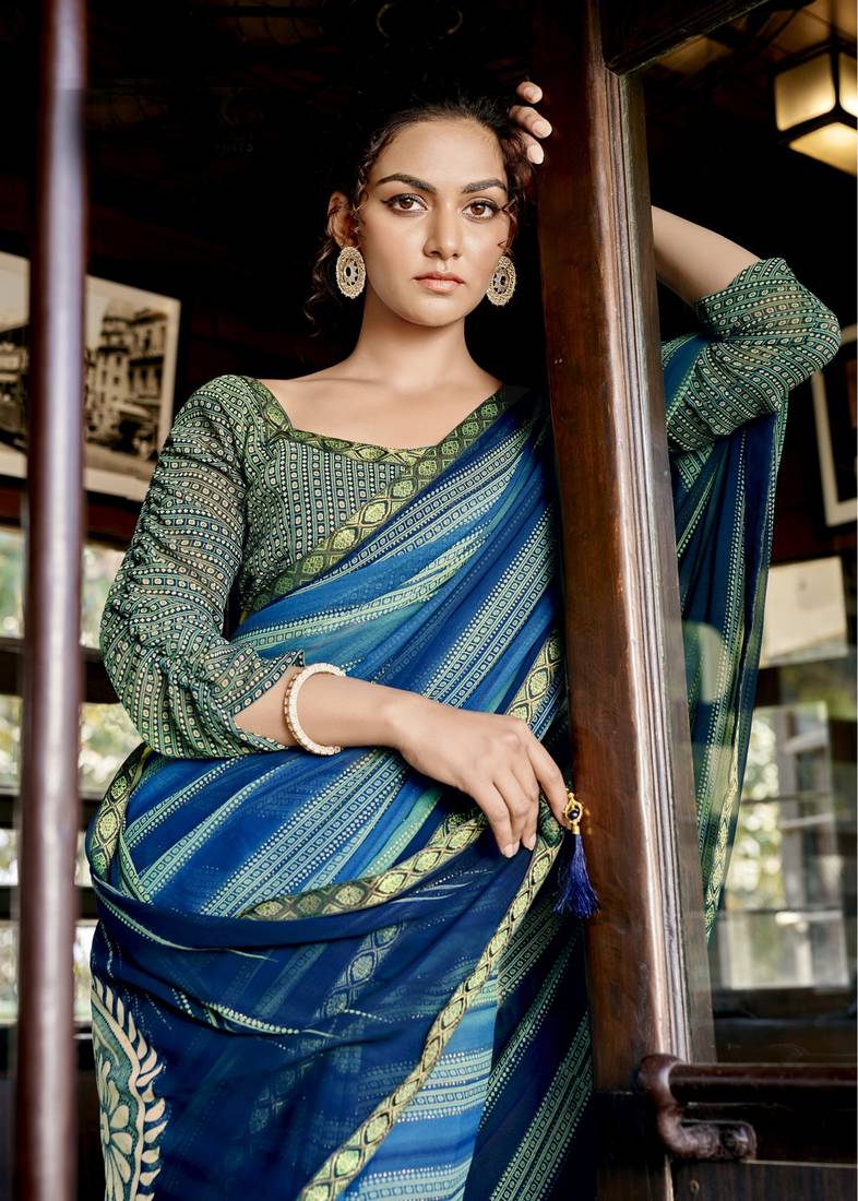 Women's Georgette Turquoise Printed Designer Saree With Blouse Piece