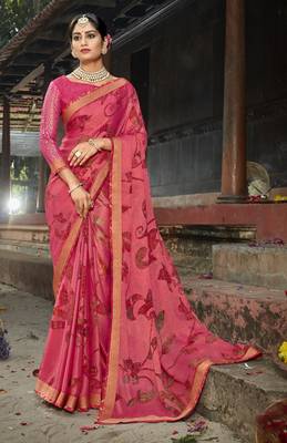 Pink printed chiffon saree with blouse 2