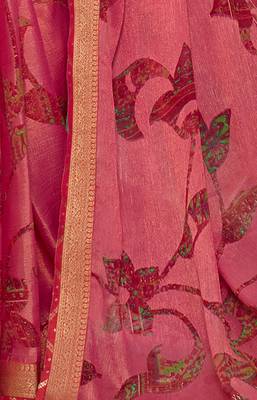 Pink printed chiffon saree with blouse 3